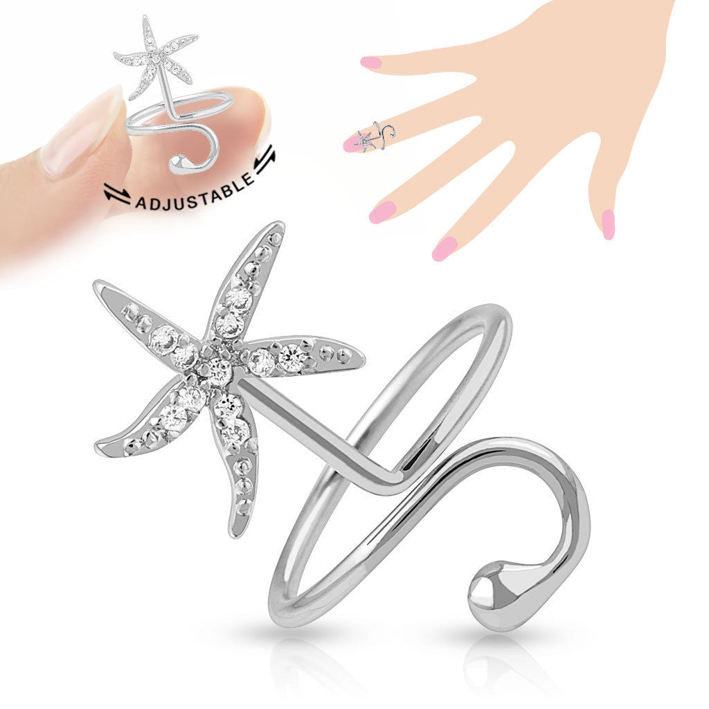 Starfish Multi-Paved CZ Gems Adjustable Nail Ring / Toe Ring