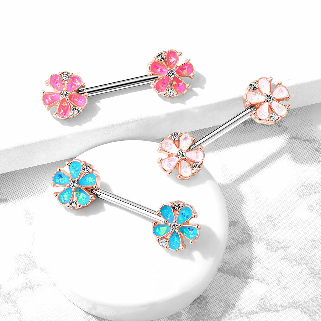 PAIR Opal Glitter Flower Petals Nipple Rings Rose Gold Shields Barbells