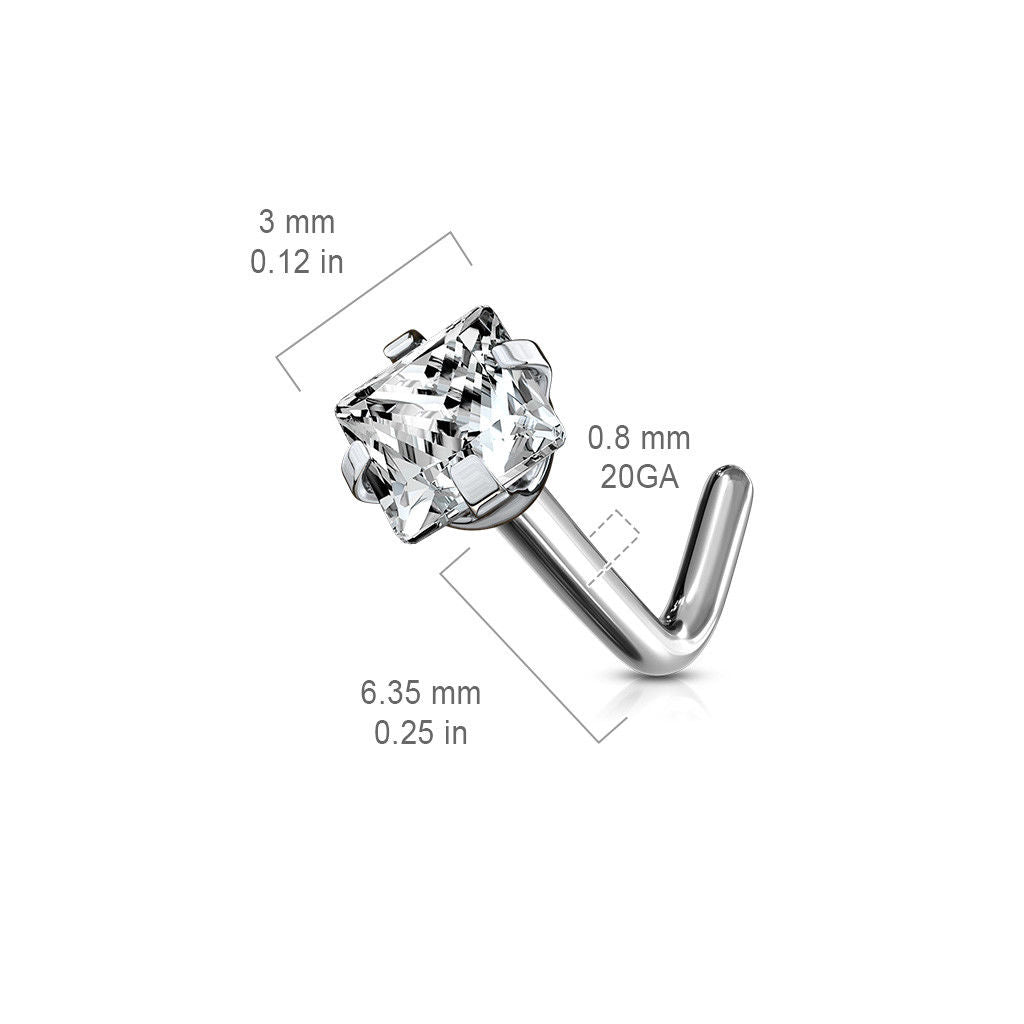 1pc Solid Grade 23 Titanium L-Bend Nose Ring w/ Square CZ Gem