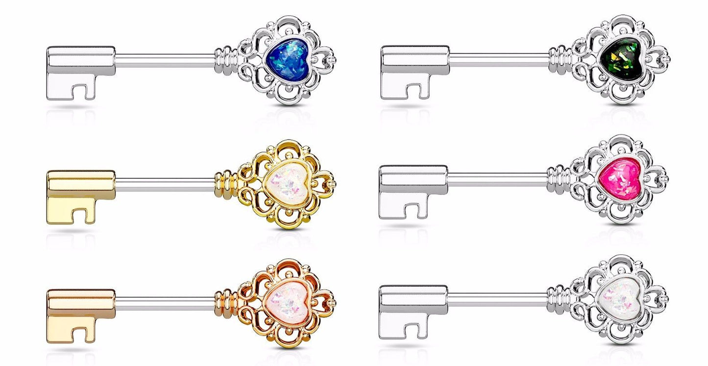 PAIR Opal Glitter Heart Vintage Key Nipple Rings Shields