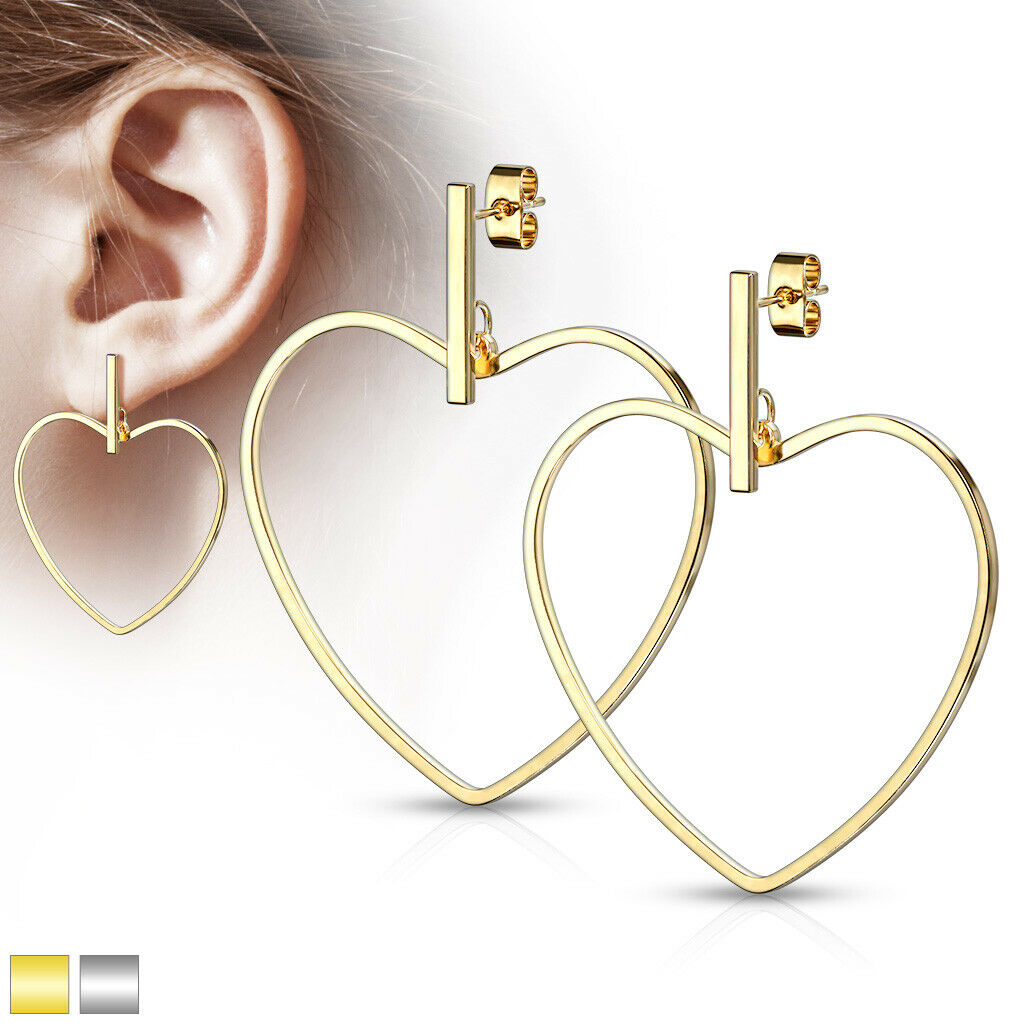 PAIR of Bar & Heart Hoop Dangle 20g Earrings Studs Stainless Steel
