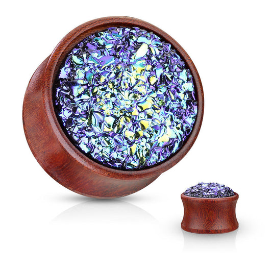 PAIR Rough Blue Druzy Stone Sono Wood Plugs