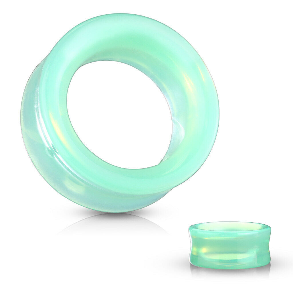PAIR Green Opalite Glass Tunnels Double Flare Saddle Plugs Gauges Body Jewelry