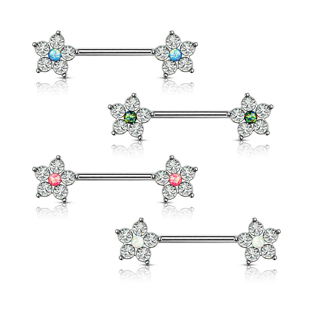 PAIR CZ Gem Flower w/ Opal Glitter Center Nipple Rings Shields Steel Barbells
