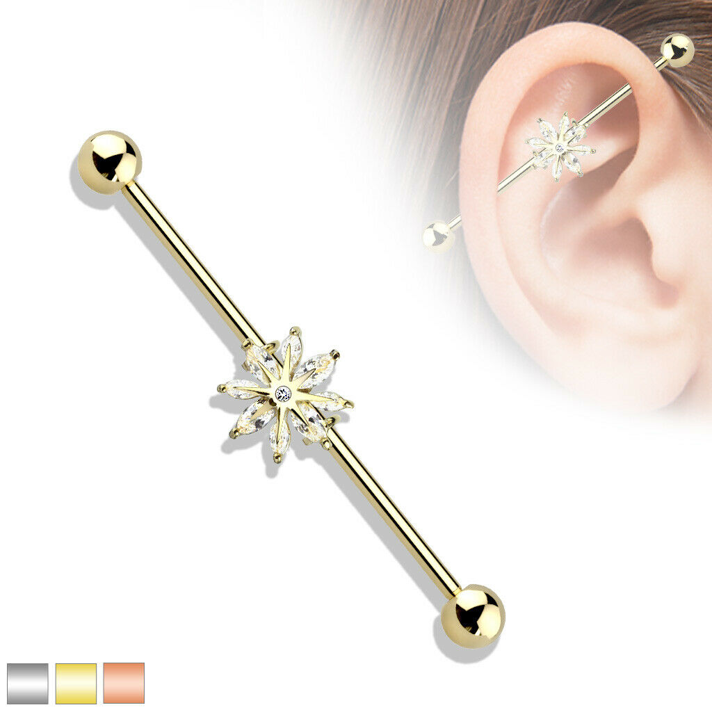 1pc Marquise CZ Gem Snowflake Industrial Barbell 38mm, 1.5", 1 & 1/2 inch inches