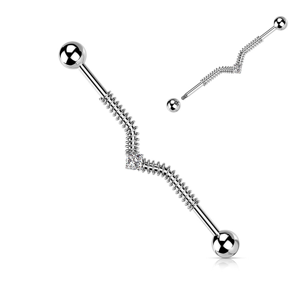 1pc Square CZ Gem V-Shaped Industrial Barbell w/Springs 38mm, 1.5", 1 & 1/2 inch