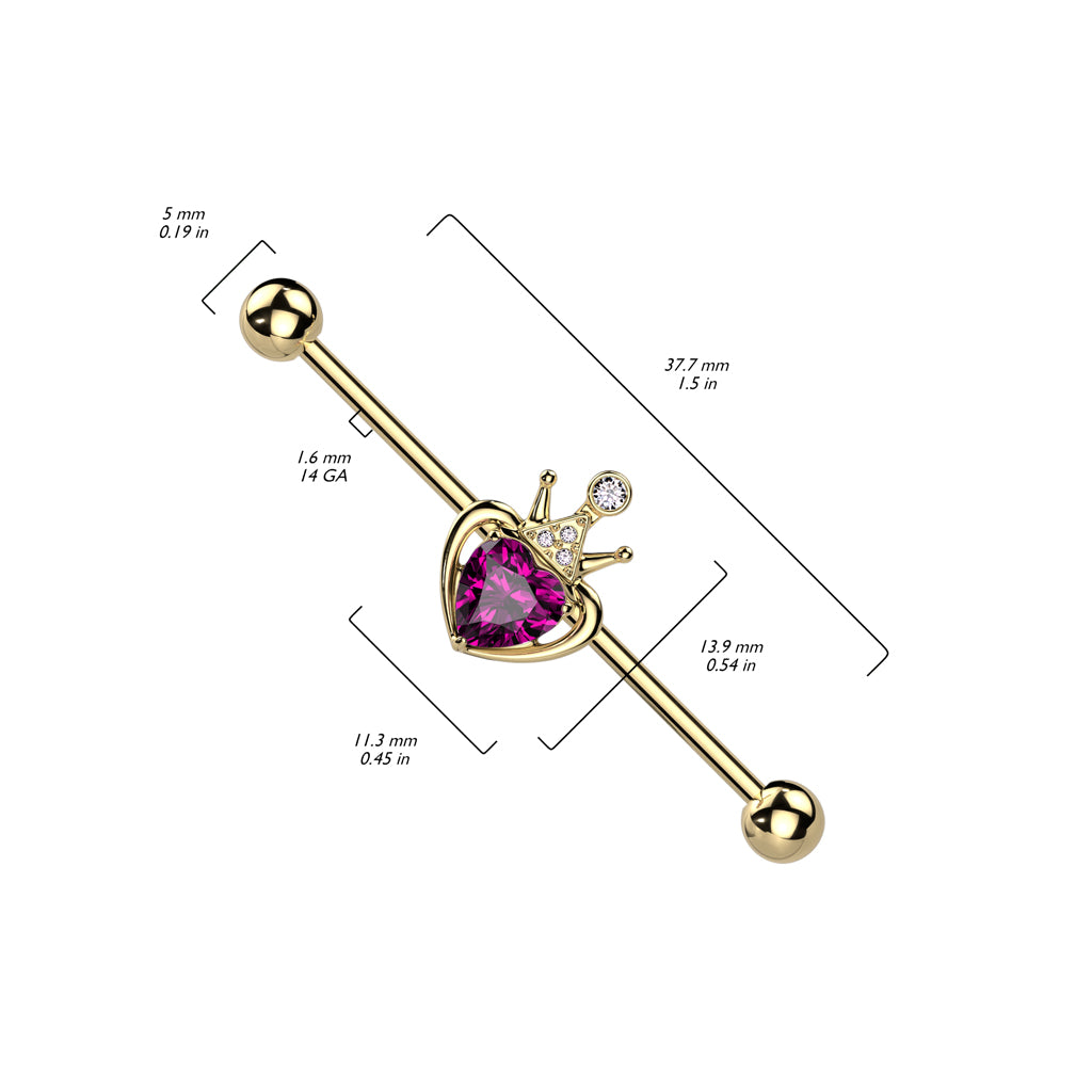1pc Gold Crown Fuchsia Heart Industrial Barbell 14g, 1.5" 38mm Ear Body Jewelry