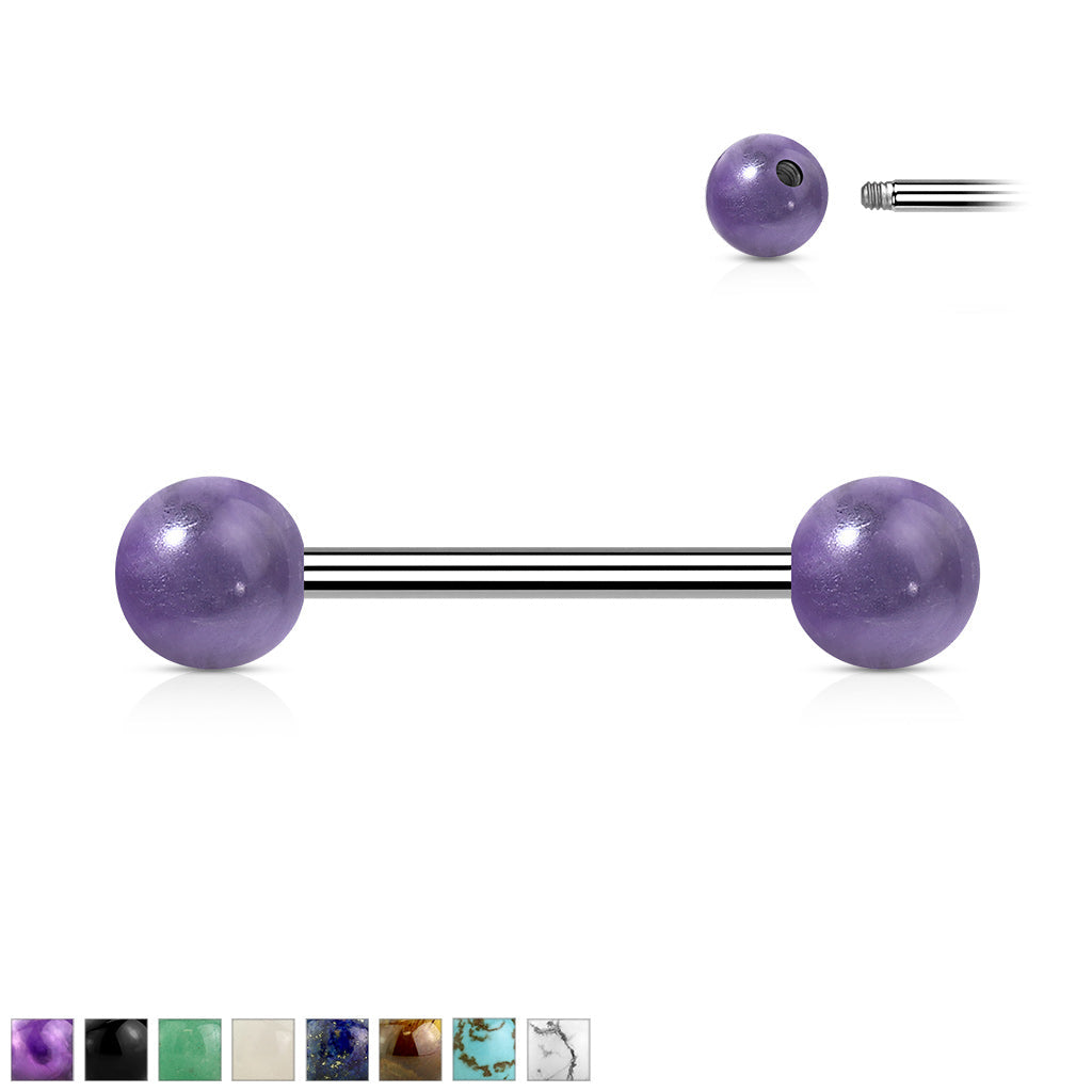 PAIR Natural Stone Nipple or Tongue Rings 14g Barbells 316L Steel Body Jewelry