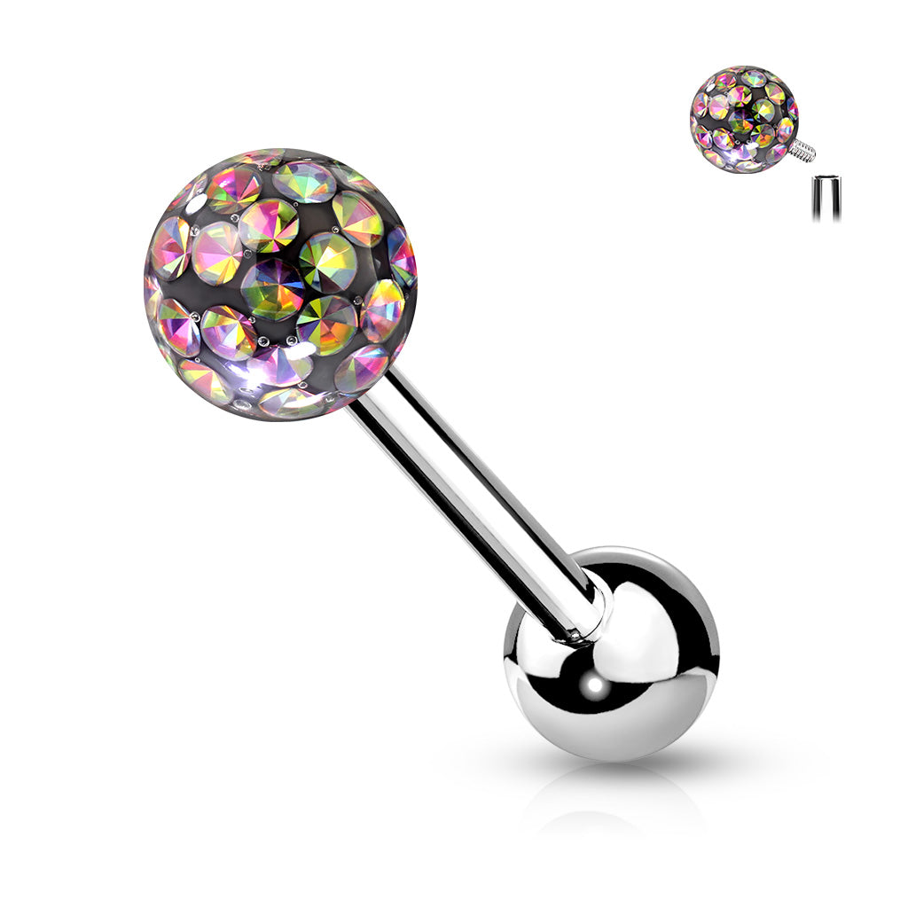 1pc Epoxy Coated Crystal Paved Ball Internally Threaded 16g Tongue Ring Barbell