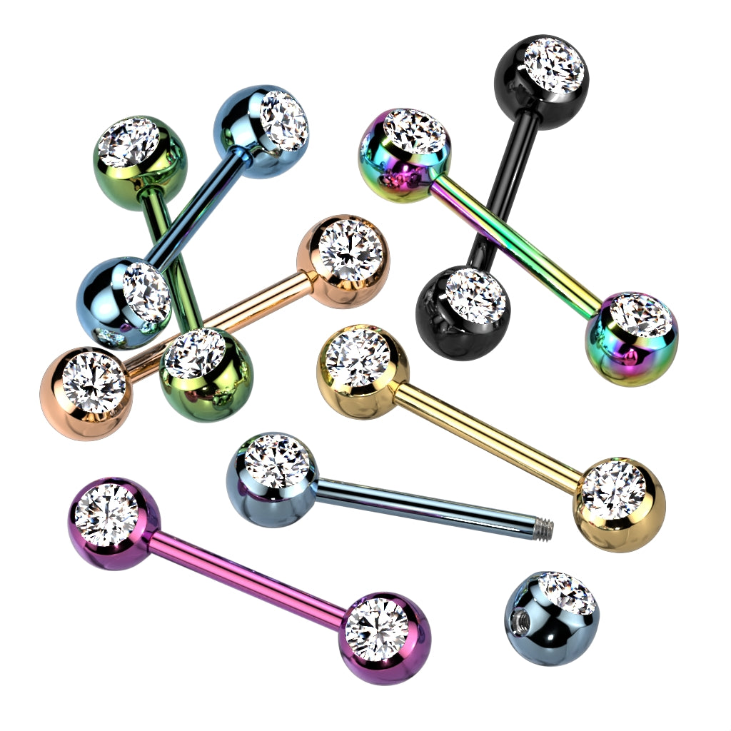 PAIR Titanium Anodized Double Clear Gem Nipple Rings Barbells 14g 14 gauge