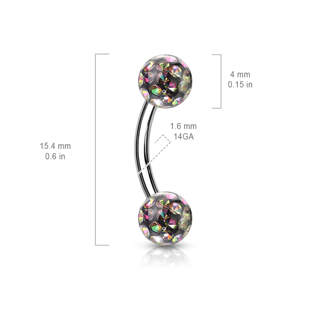 1pc Epoxy Coated Crystal Paved Ball Internally Threaded 16g Eyebrow Ring Barbell