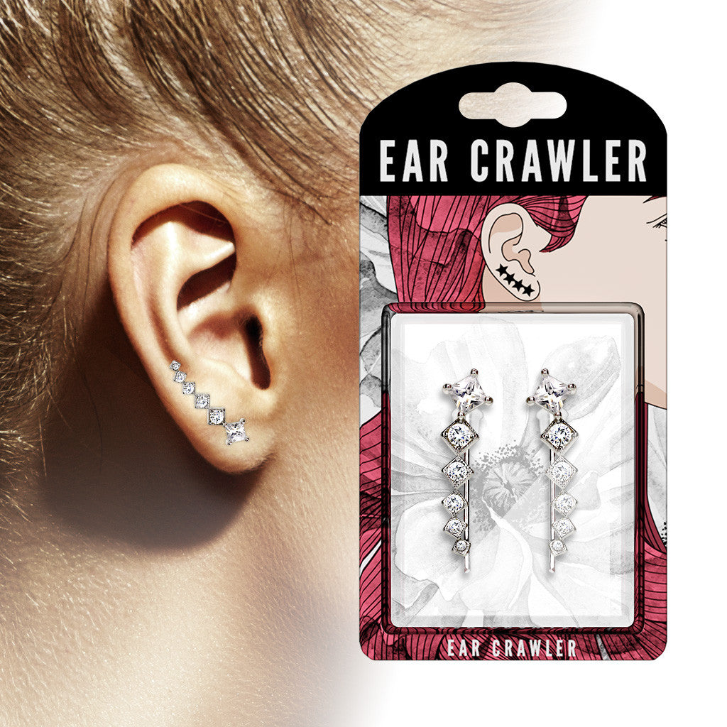 Ear Crawler Earrings Retail Peg Pack - Diamond Shaped CZ Gem Lined