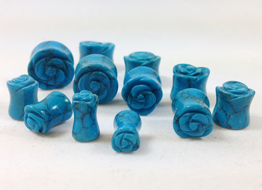 Carved Rose Turquoise Stone Plugs - by the pair