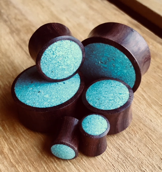 PAIR Crushed Turquoise Inlaid Wood Saddle Plugs