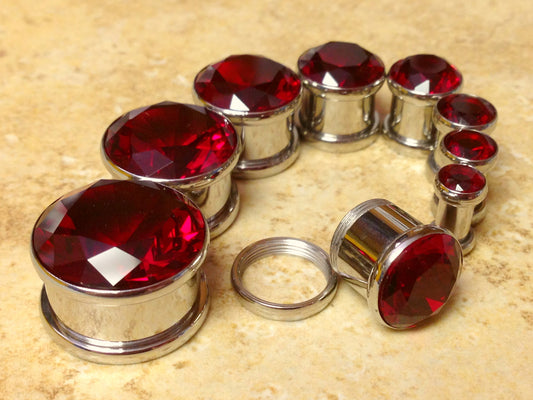 Large Red CZ Gem Plugs - PAIR