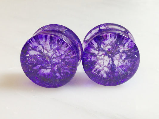 PAIR Cracked Purple Glass Double Flare Plugs