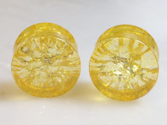 PAIR Cracked Amber Glass Double Flare Plugs