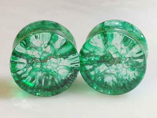 PAIR Cracked Green Glass Double Flare Plugs