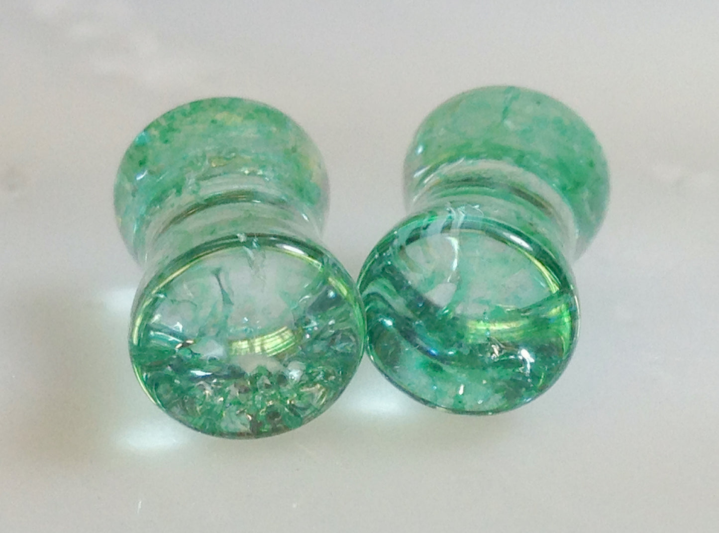 PAIR Cracked Green Glass Double Flare Plugs