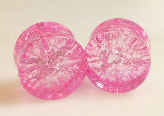 PAIR Cracked Pink Glass Double Flare Plugs