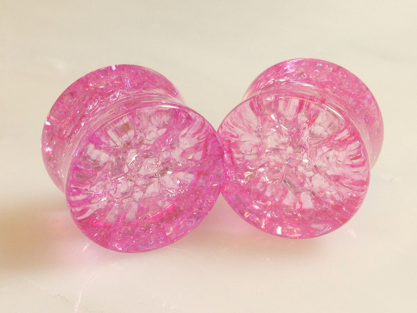 PAIR Cracked Pink Glass Double Flare Plugs