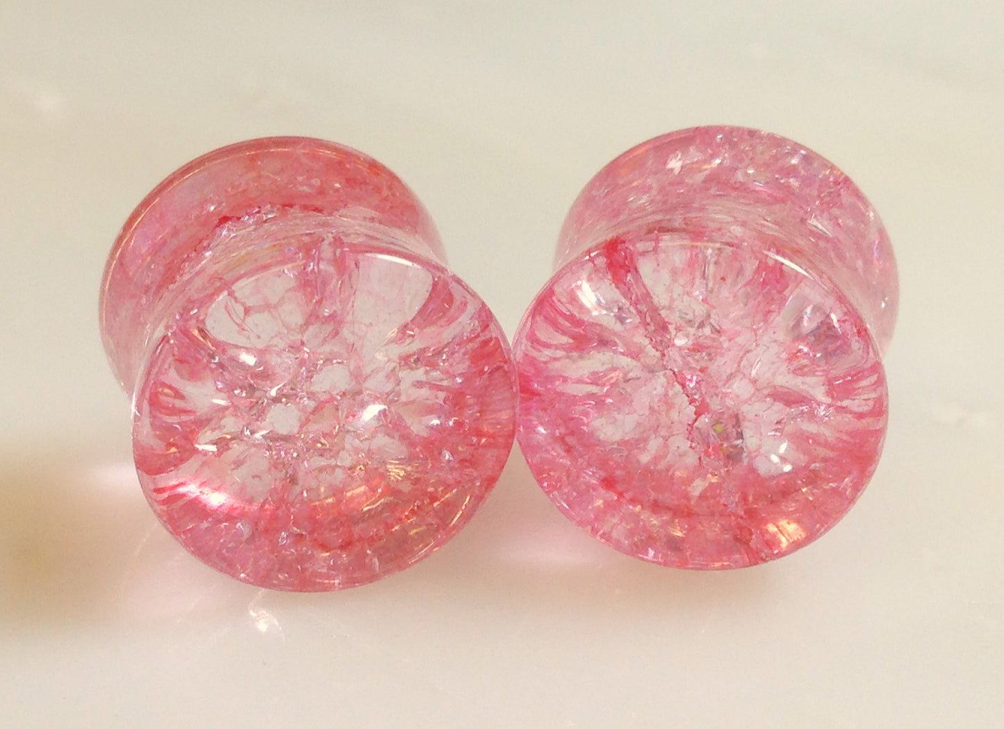 PAIR Cracked Pink Glass Double Flare Plugs