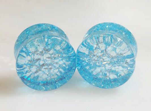 PAIR Cracked Aqua Glass Double Flare Plugs