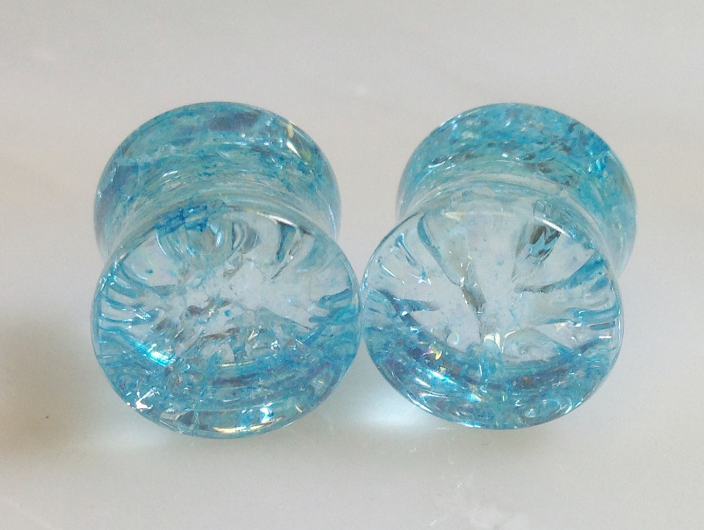 PAIR Cracked Aqua Glass Double Flare Plugs