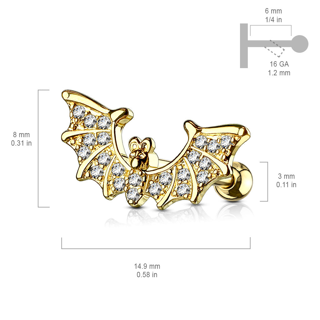 1pc CZ Gem Paved Bat Wings Surgical Steel Tragus Cartilage Barbell Ring