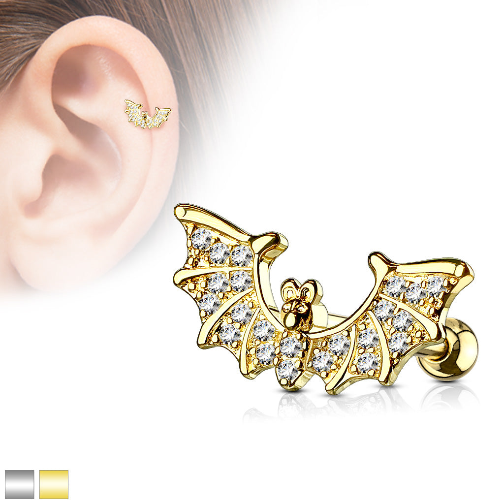 1pc CZ Gem Paved Bat Wings Surgical Steel Tragus Cartilage Barbell Ring