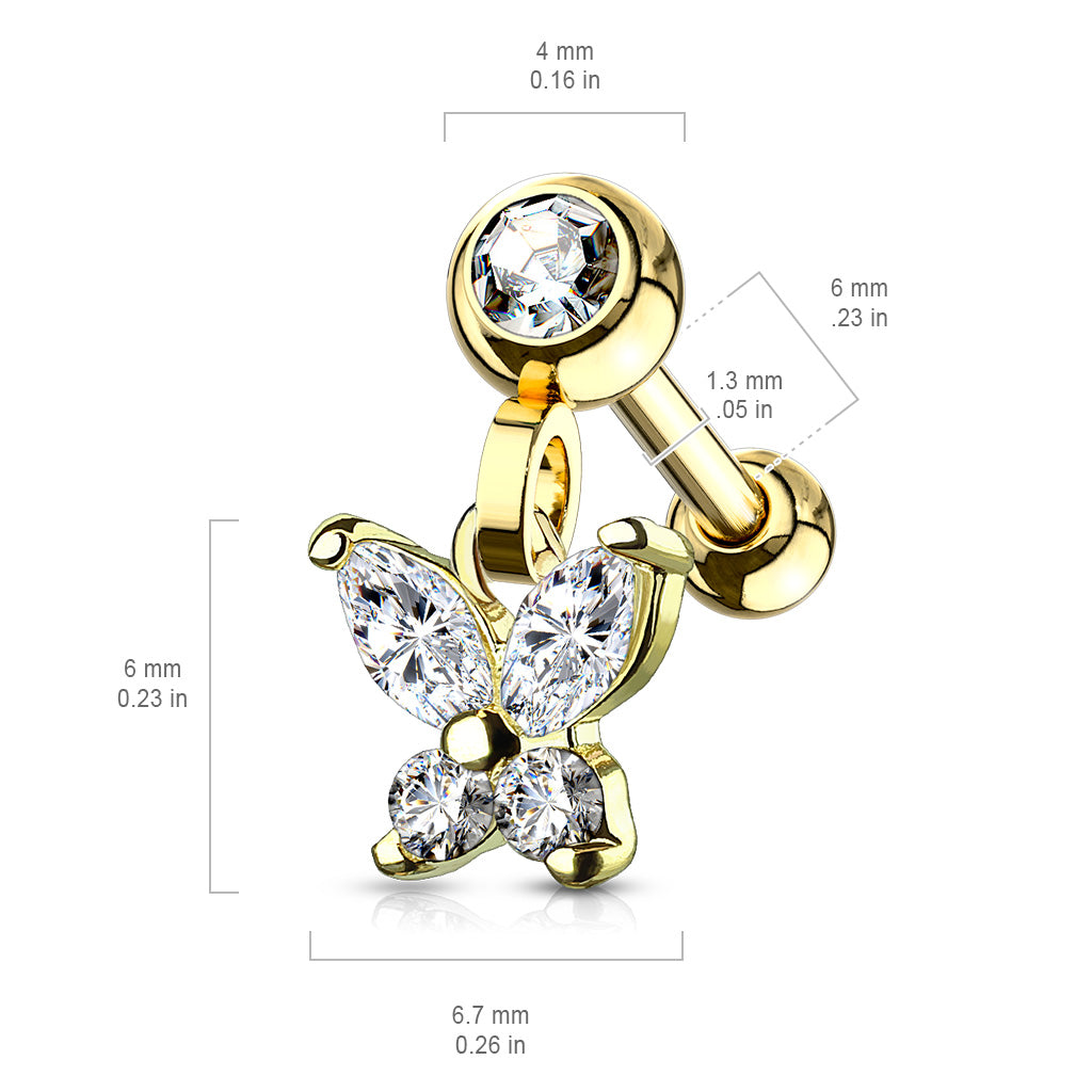 1pc CZ Gem Butterfly Dangle Surgical Steel Tragus Cartilage Barbell Ring