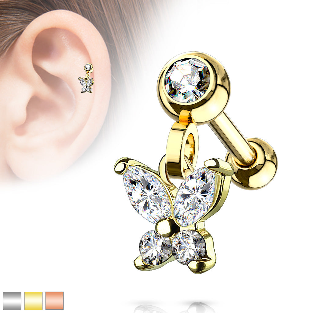 1pc CZ Gem Butterfly Dangle Surgical Steel Tragus Cartilage Barbell Ring