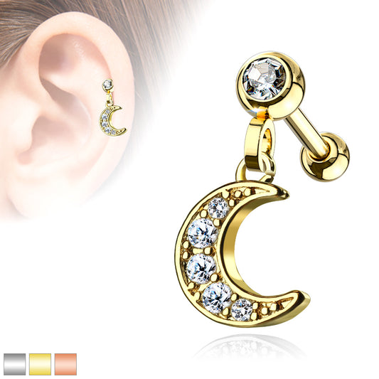 1pc CZ Gem Moon Dangle Surgical Steel Tragus Cartilage Barbell Ring