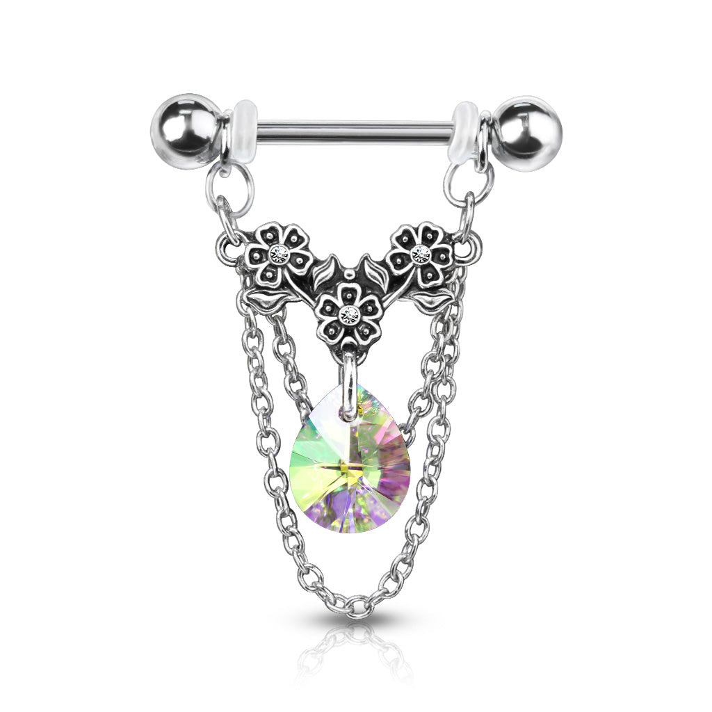 PAIR Gem Flowers, Crystal Pear & Chains Dangle Nipple Rings