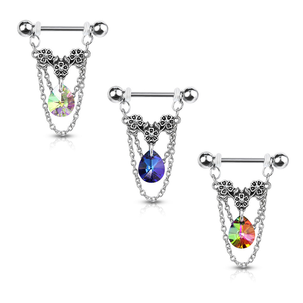 PAIR Gem Flowers, Crystal Pear & Chains Dangle Nipple Rings Shields Body Jewelry