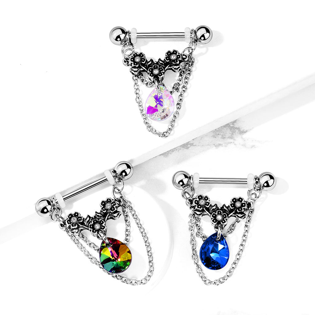 PAIR Gem Flowers, Crystal Pear & Chains Dangle Nipple Rings Shields Body Jewelry