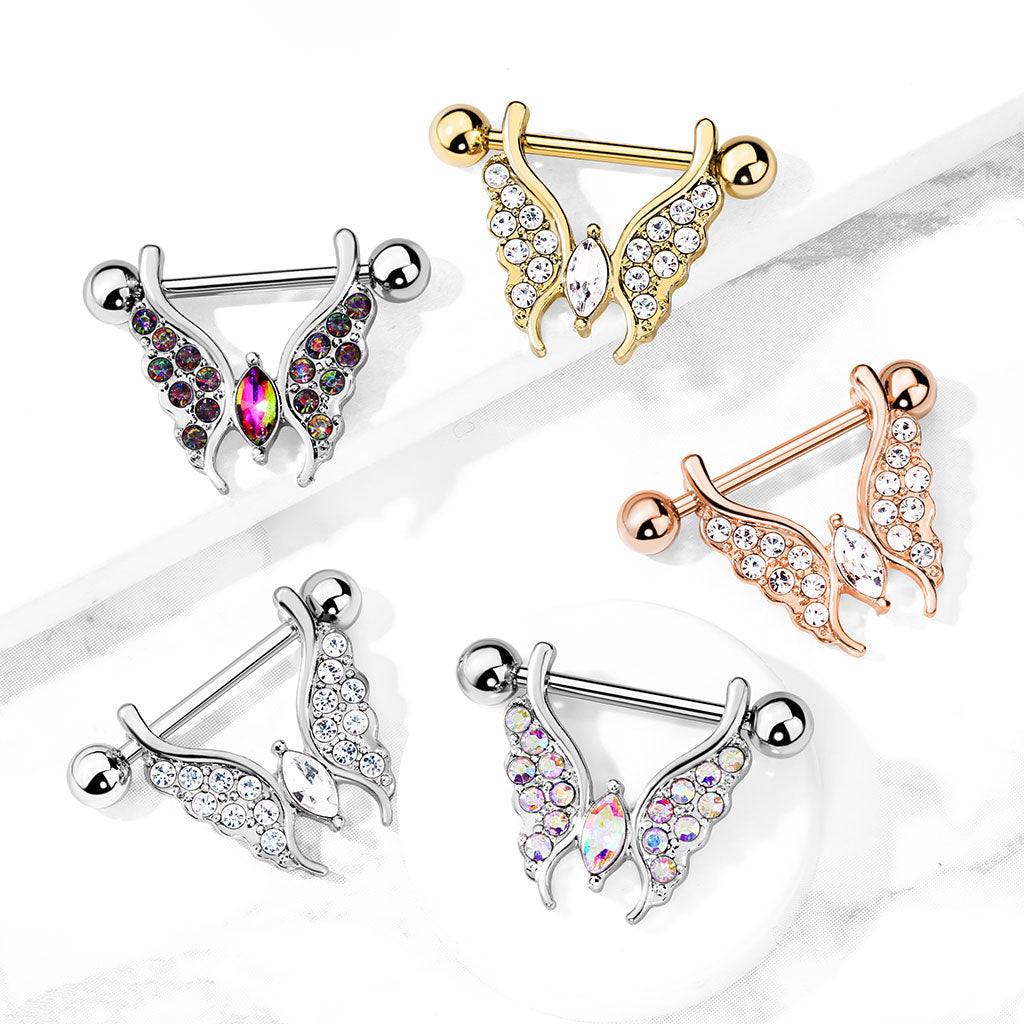 PAIR Crystal Gem Paved Butterfly Dangle Nipple Rings Shields Body Jewelry