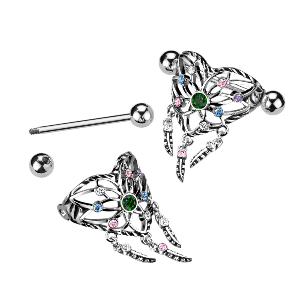 PAIR Dream Catcher Shield Nipple Rings Surgical Steel Barbells Body Jewelry