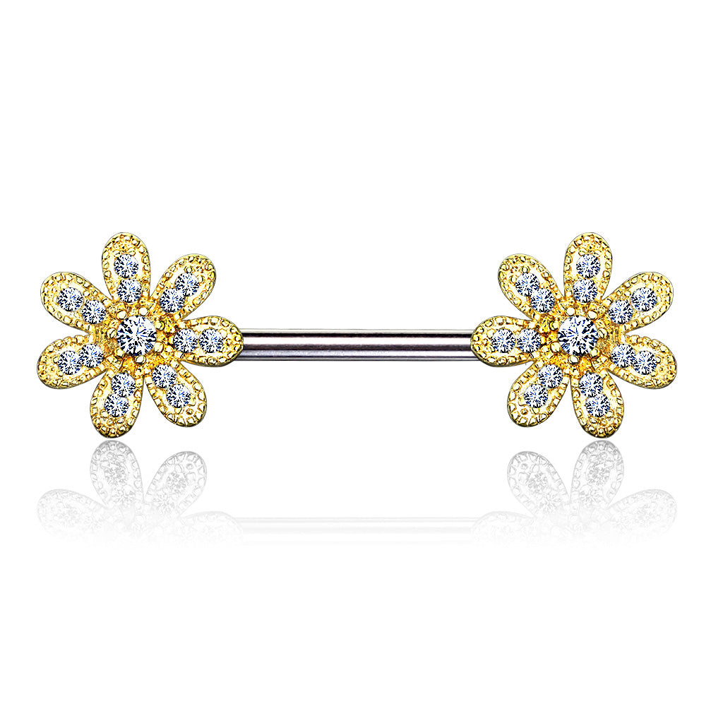 PAIR CZ Gem Paved Flower Nipple Barbell Rings Shields