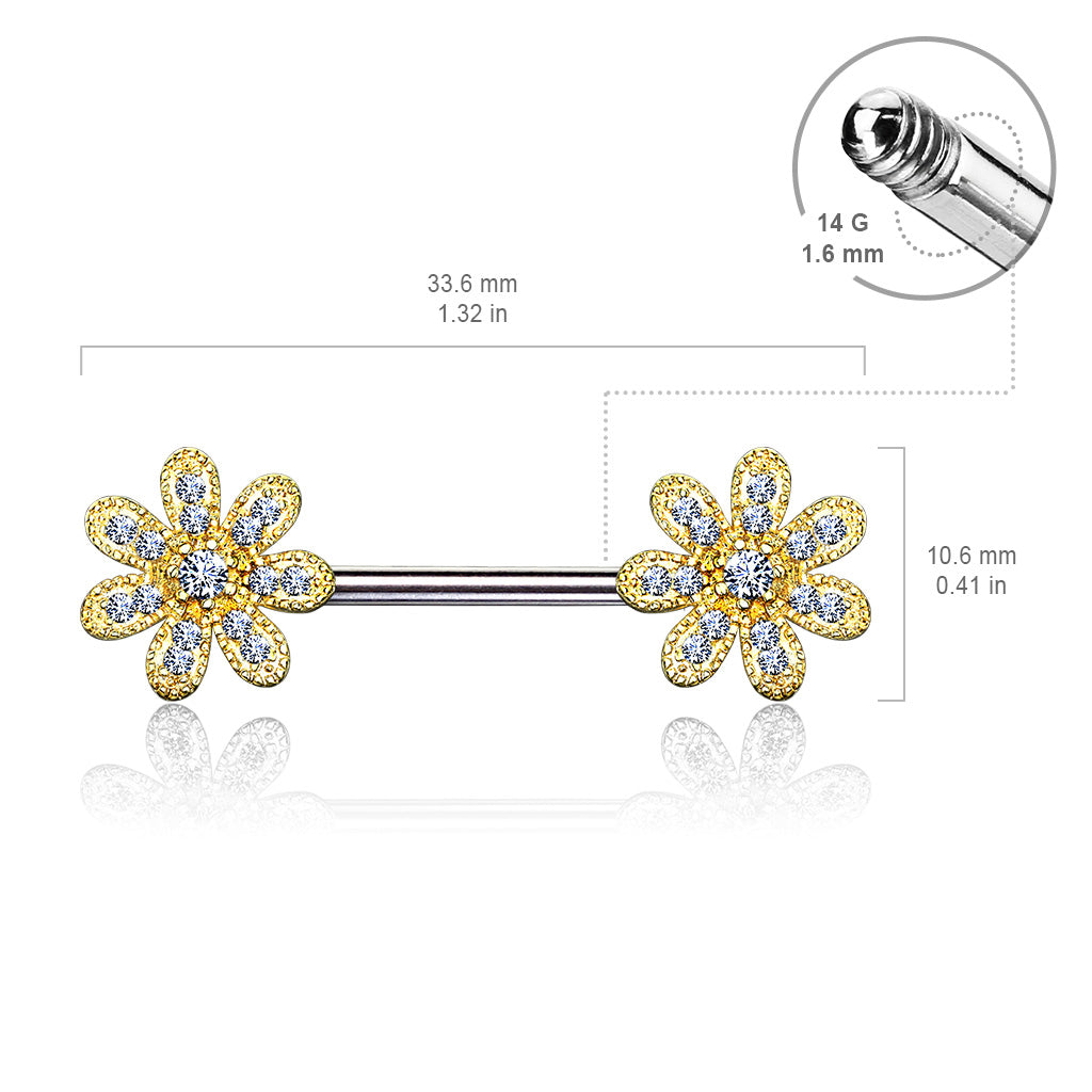 PAIR CZ Gem Paved Flower Nipple Barbell Rings Shields