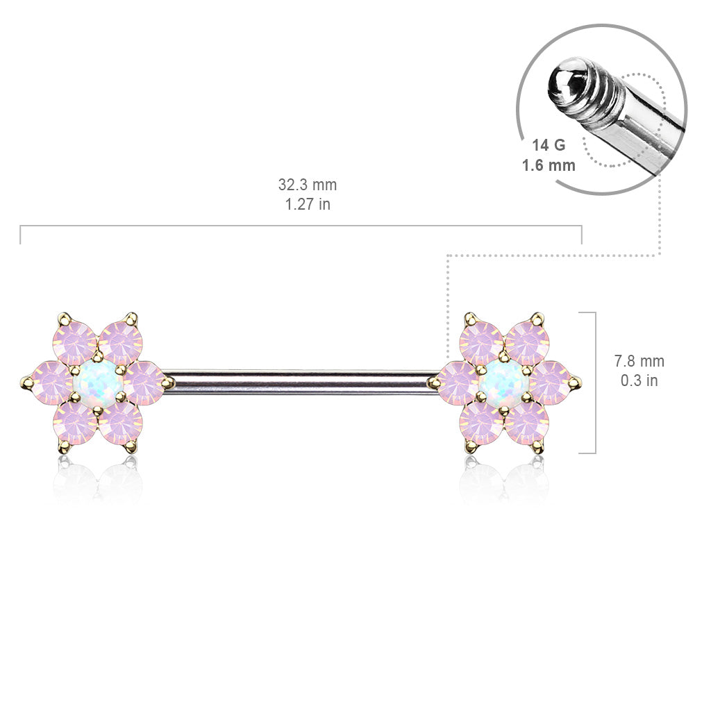 PAIR Opalite Gem Petals w/ Opal Center Flower Nipple Barbell Rings Shields