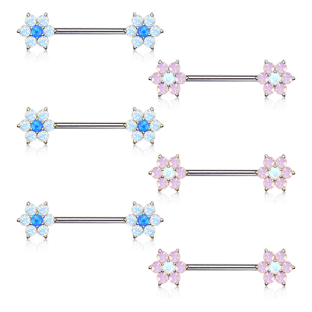 PAIR Opalite Gem Petals w/ Opal Center Flower Nipple Barbell Rings Shields