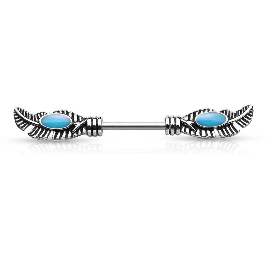 PAIR Nipple Rings Tribal Feather Turquoise Enamel Design Shields Barbells