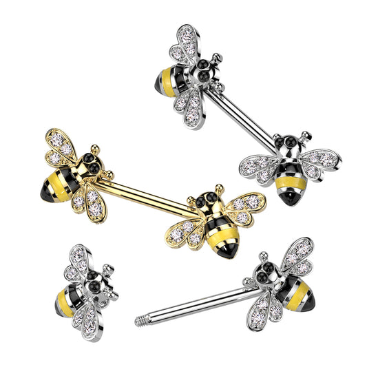 PAIR Bumblebee Nipple Rings CZ Gem Bee Shields Steel Barbells