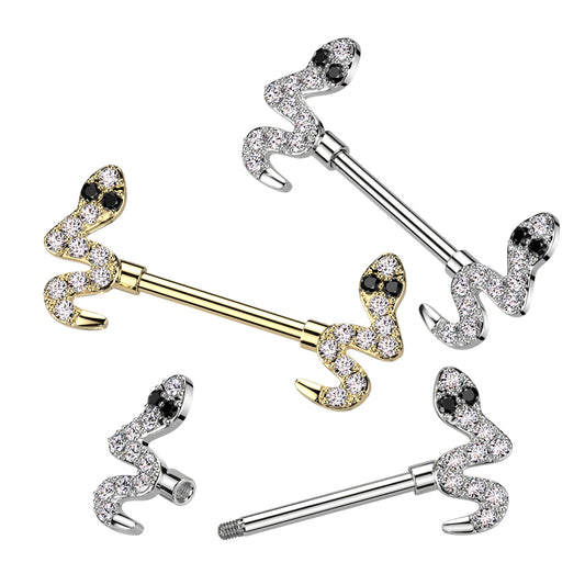 PAIR CZ Gem Paved Snake Ends Nipple Rings Shields Barbells Body Jewelry