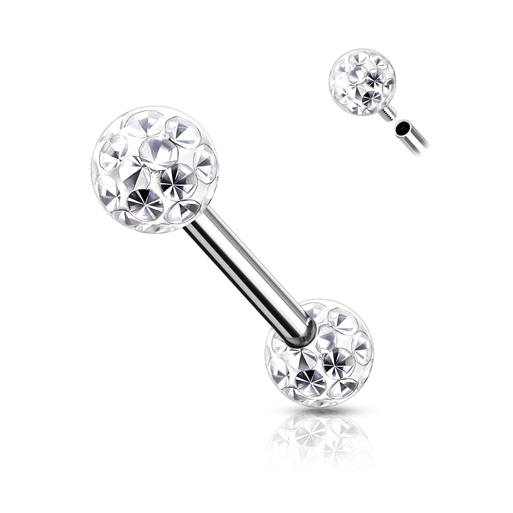 PAIR Epoxy Coated Crystal Paved Balls Nipple Rings Tongue Barbells Int. Threaded