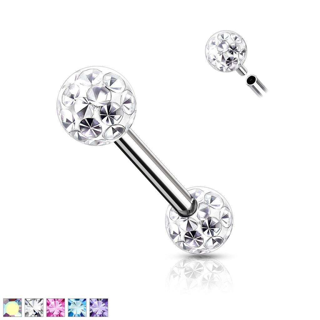 PAIR Epoxy Coated Crystal Paved Balls Nipple Rings Tongue Barbells Int. Threaded