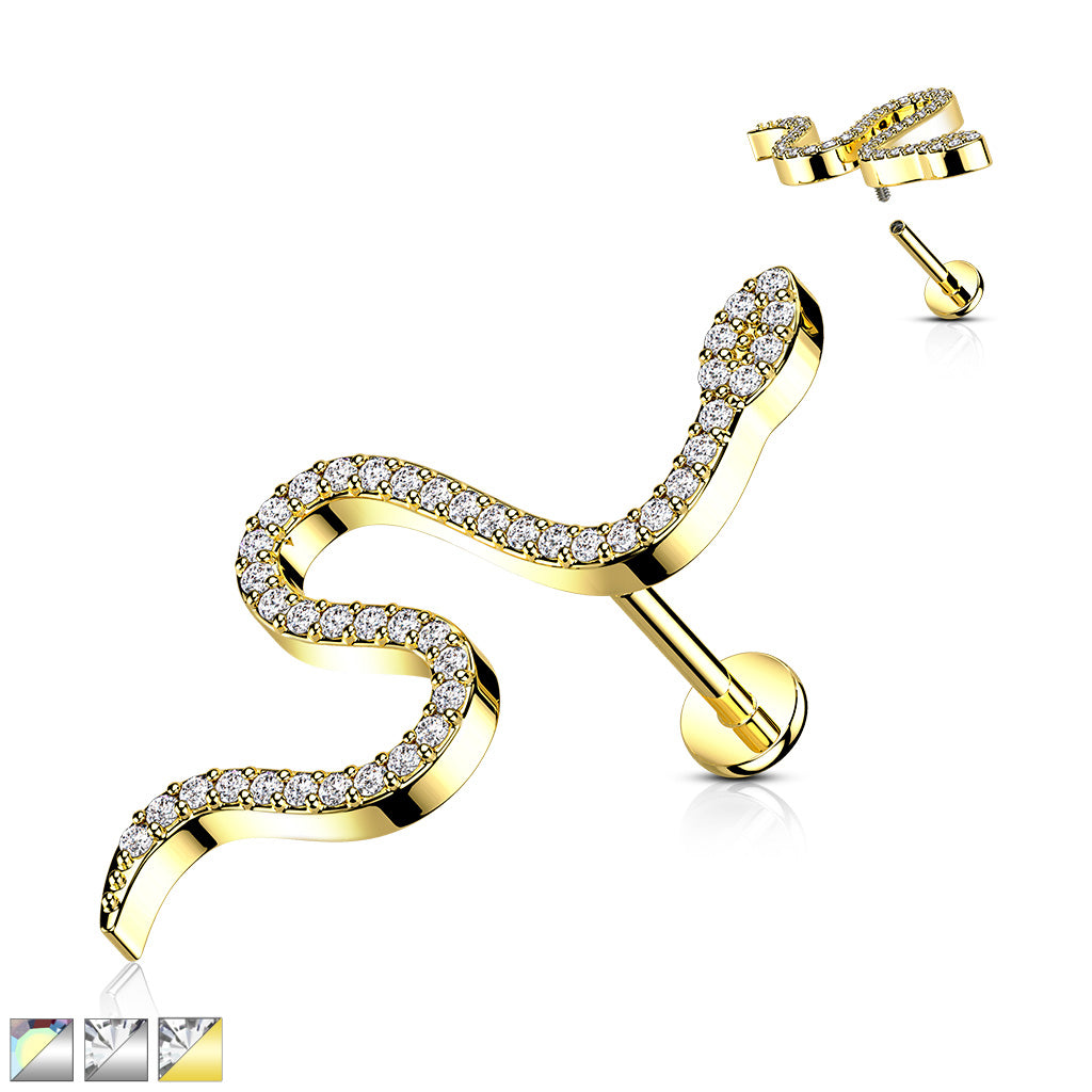 1pc CZ Paved Snake 16g Labret Internally Threaded Steel Monroe Tragus Helix
