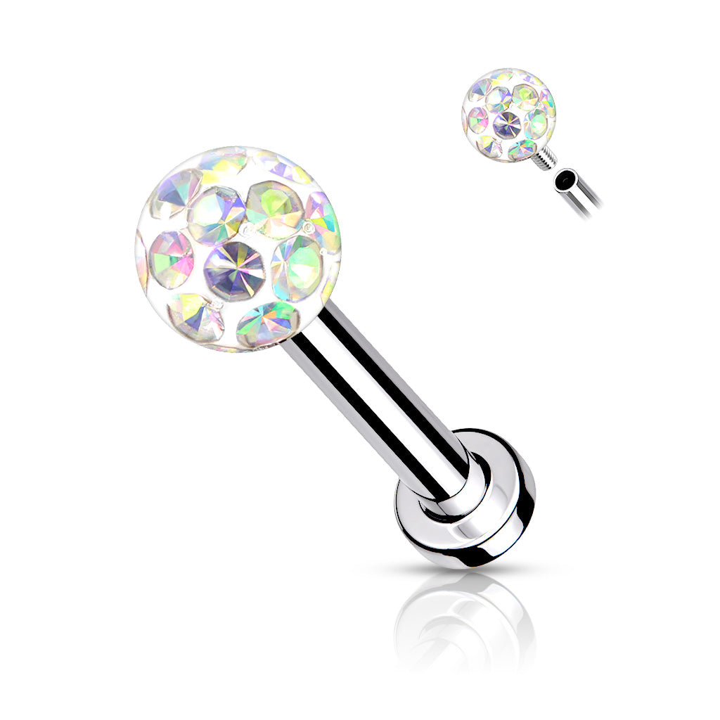 1pc Epoxy Coated Crystal Paved Ball Labret Cartilage Barbell Internally Threaded