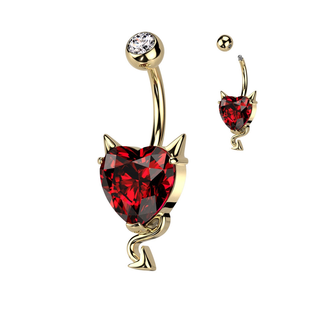 1pc CZ Gem Heart Devil Horns & Tail Belly Button Ring Pierced Navel Gold Plated